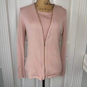 Calvin Klein 2 PC Pink Ribbed Knit‎ Zip Cardigan Sweater And Tank Womens Medium